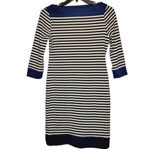 Isaac Mizrahi boat neck navy blue and white striped career midi dress size med